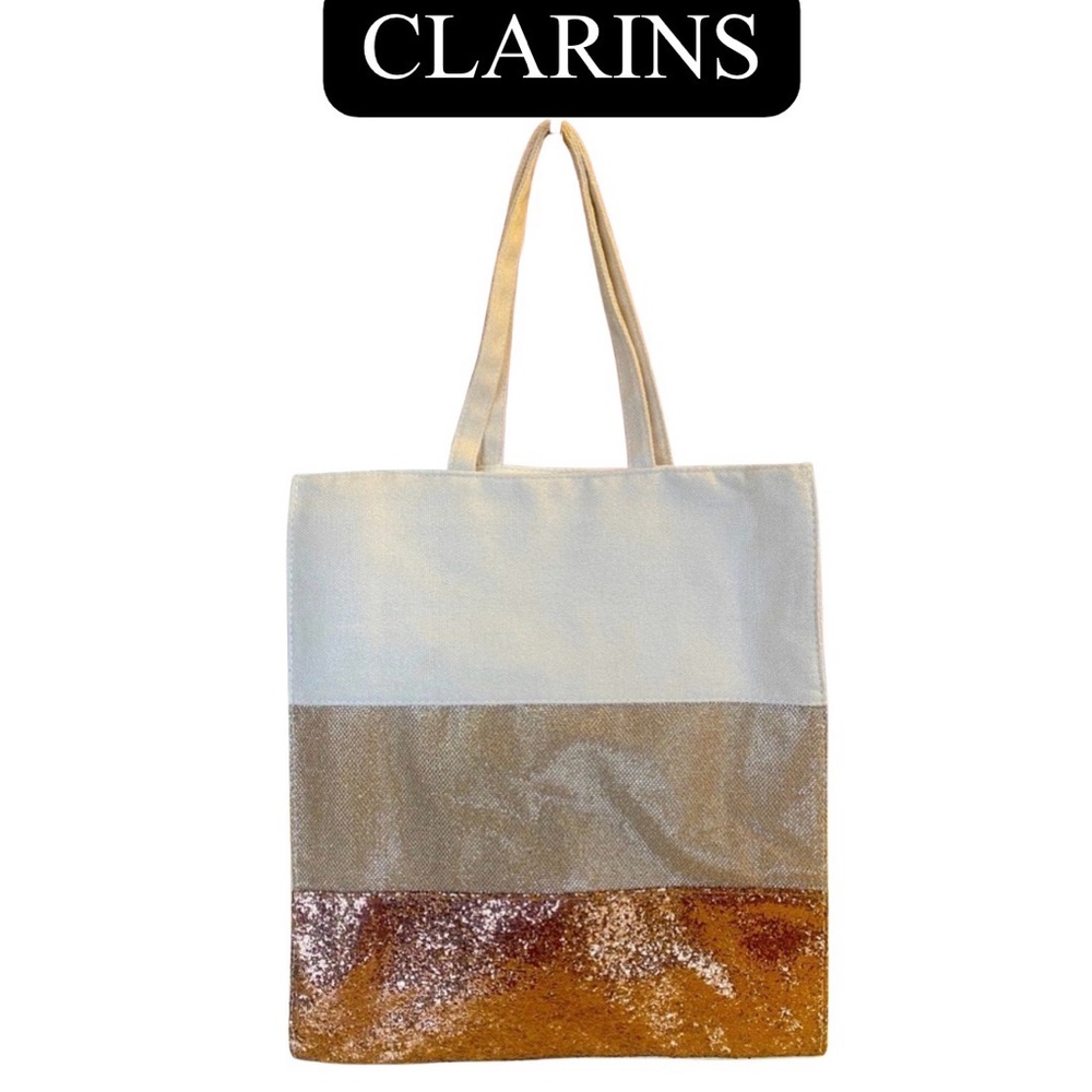 CLARINS Champagne Bronze Glitter Canvas Lined Tote Bag, NWOT